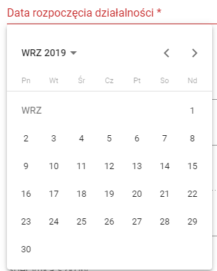 okno z widokiem na datę rozpoczęcia działalności z rozwiniętym kalendarzem