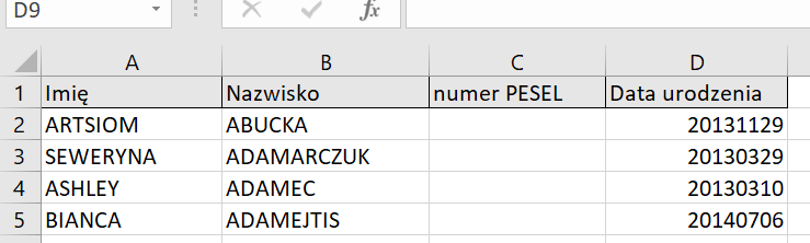 Okno z widokiem na tabele z prawidłowo przygotowanym zestawieniem danych do importu w arkuszu kalkulacyjnym np. excell