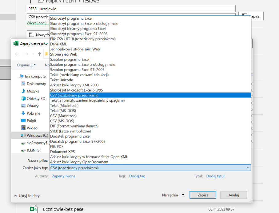 Okno systemu Windows ukazujące możliwość zapisu pliku w formacie CSV