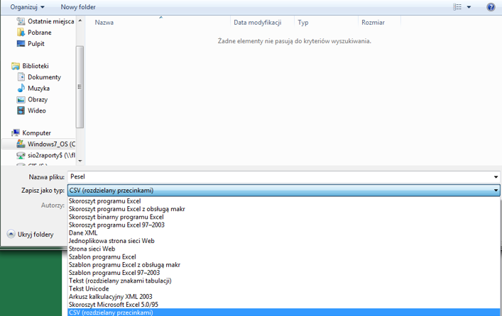 Okno systemu Windows ukazujące możliwość zapisu pliku w formacie CSV