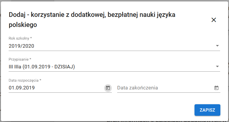 Okno formularza : dodaj  korzystanie z dodatkowej, bezpłatnej nauki języka polskiego