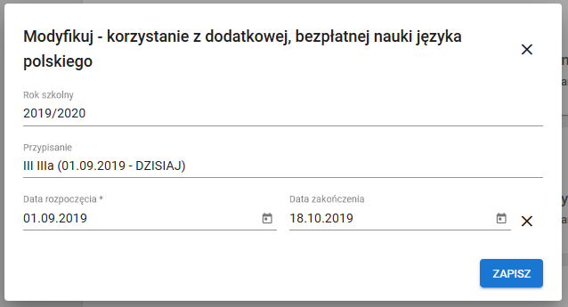 Widook formularza modyfikuj - korzystanie z dodatkowej, bezpłatnej nauki języka polskiego z edytowanymi polami